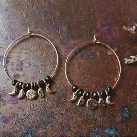 Gold and Black Hoop Earrings with Moon Charms A1522 - Picture 1 of 3